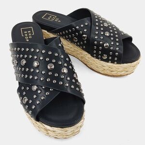 ShuShop KAIA Black Studded Women’s Sandals espadrille wedge metal studs NIB 11